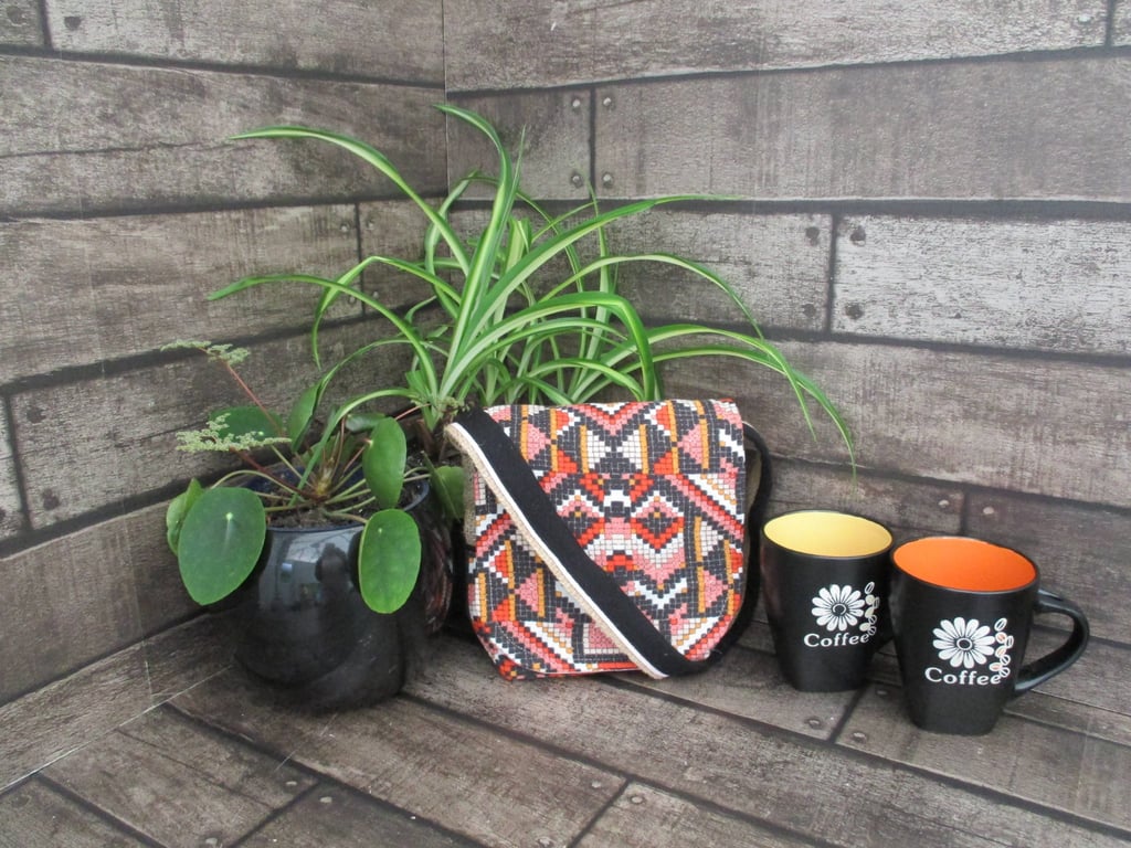 Upcycled Coffee Sack - Mini Shoulder Bag  - Orange and black geometric pattern