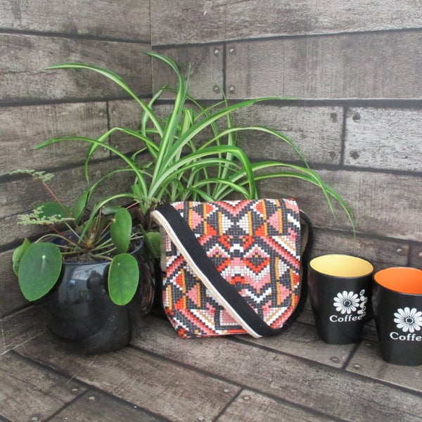 Upcycled Coffee Sack - Mini Shoulder Bag  - Orange and black geometric pattern