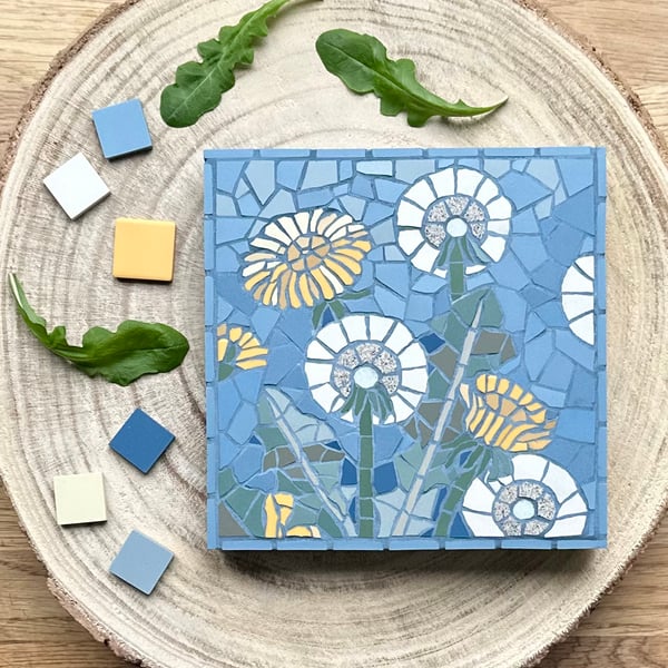Original Botanical Art - Dandelion Mosaic in Blue