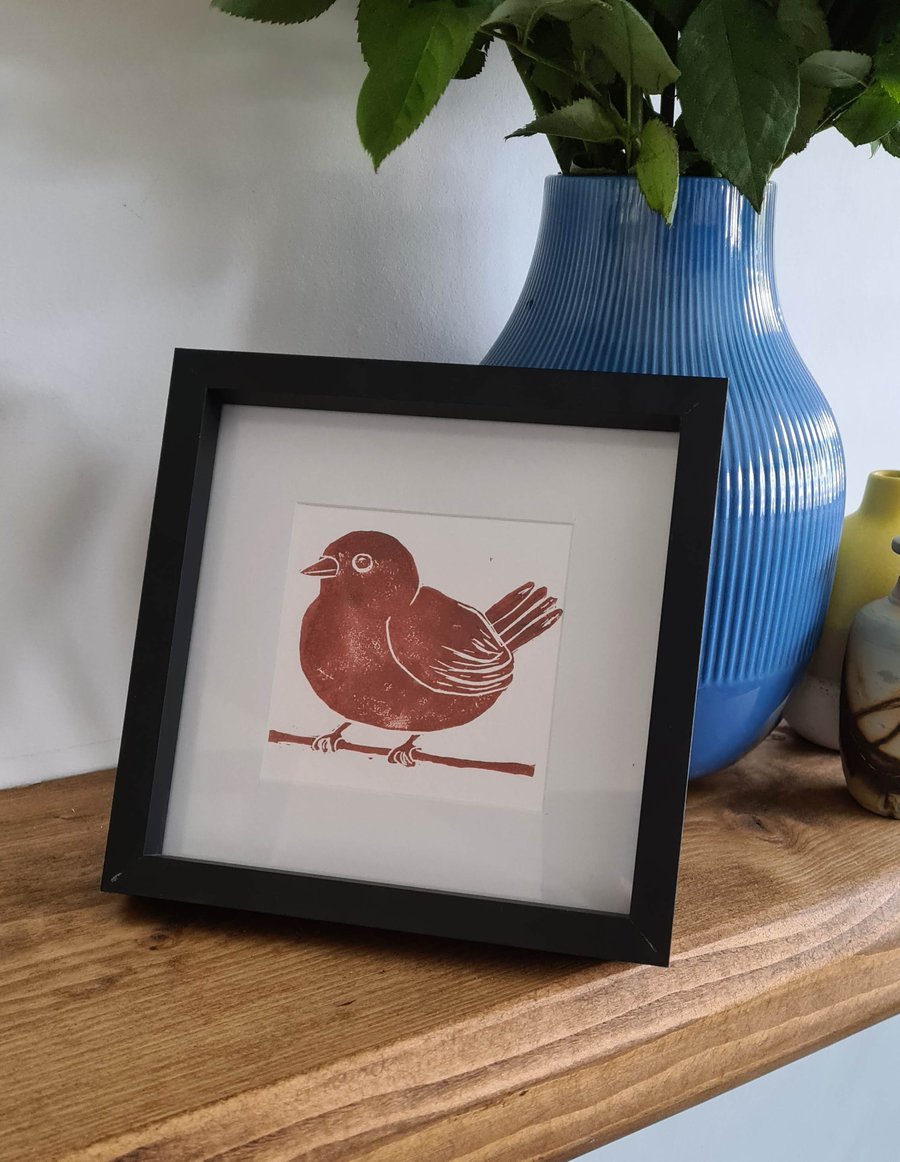 Framed original handprinted linocut red bird gift idea