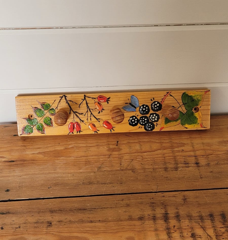 Wooden Coat Hook With 3 Hooks And Decorated  With Blackberries And Rosehips 