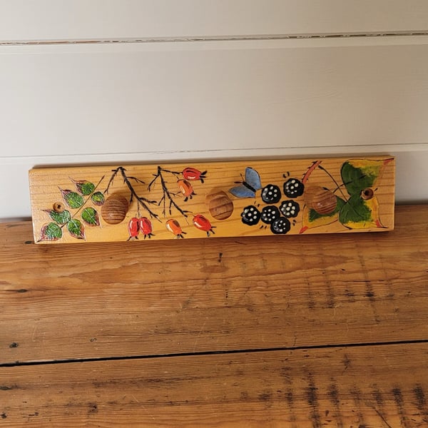 Wooden Coat Hook With 3 Hooks And Decorated  With Blackberries And Rosehips 