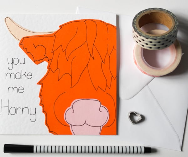 You Make Me Horny Highland Cow Valentine Card, Birthday Card, Anniversary Card