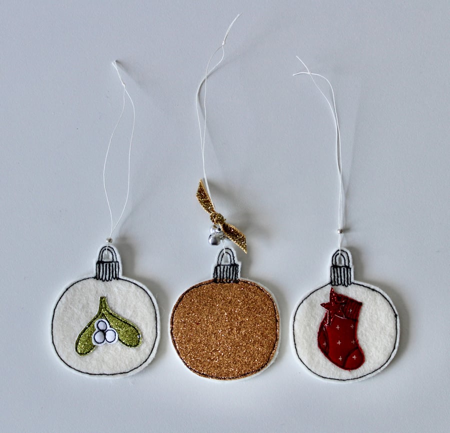 Three Wool Felt Christmas Baubles - Hanging Decorations