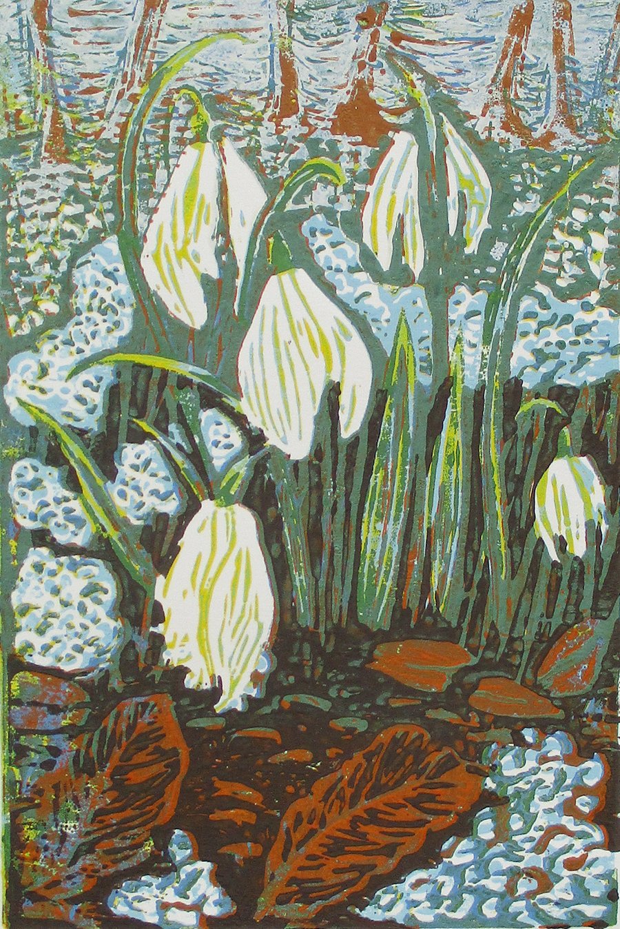 Snowdrops - Original Hand Pressed Linocut Print Ltd Edition