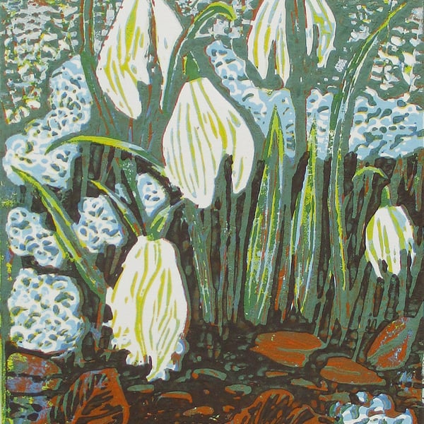 Snowdrops - Original Hand Pressed Linocut Print Ltd Edition