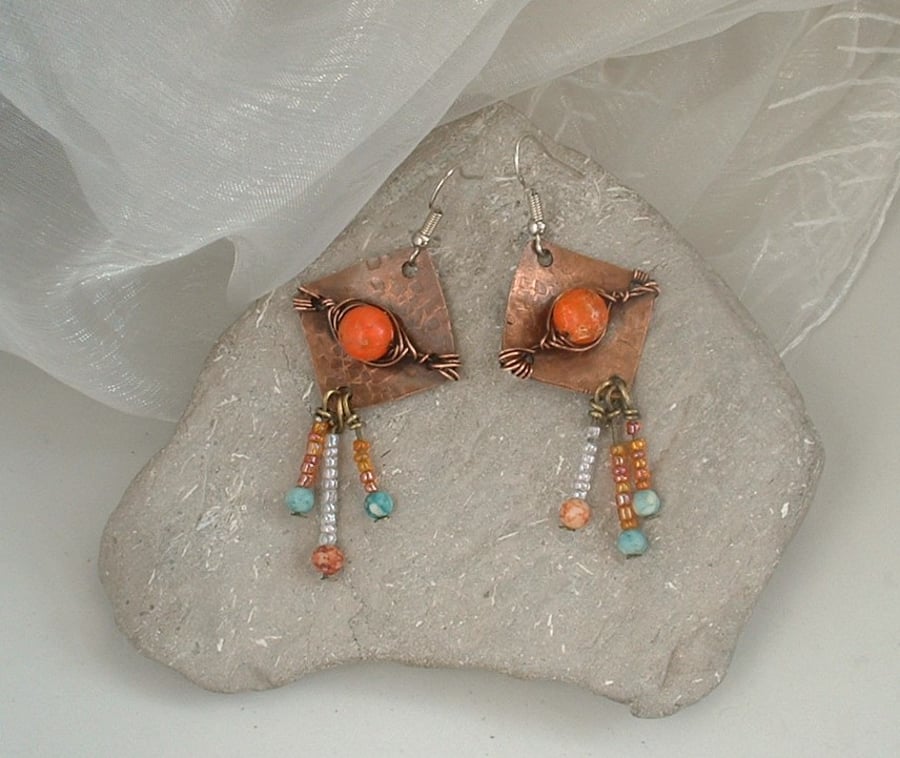 "Aztec" Rustic Copper Earrings with Jasper & glass seed beads