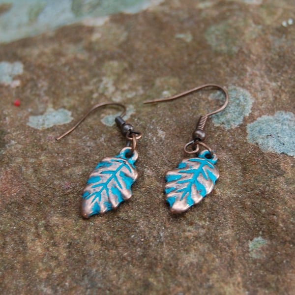 Copper & Turquoise Leaf Earrings - Woodland Inspired Autumn Jewellery