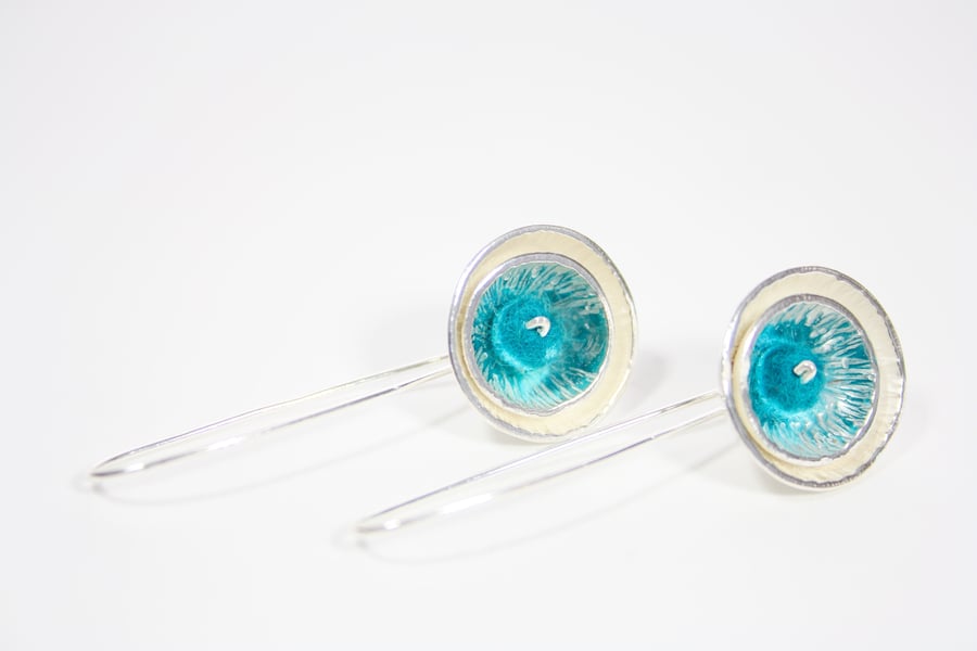 Handmade Sterling Silver Statement Round Earrings with a Turquoise Felt Bead 