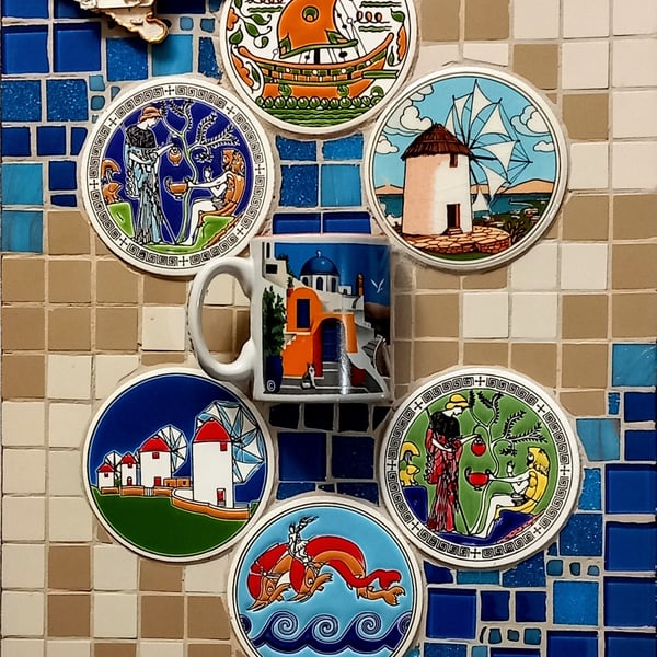 GREEK MOSAIC WALL DECORATION with ceramics from Greece.