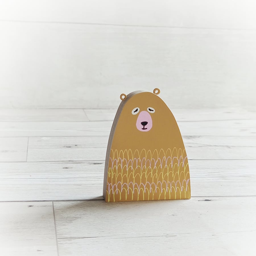 Mischievous Mustard Bear, Handmade Wooden Bear, Bear Ornament