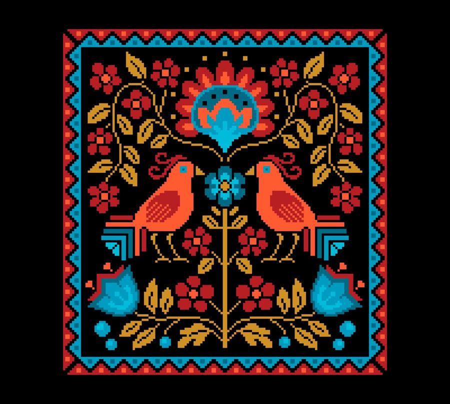 311A - Emberwing Garden, Birds, Flowers cross stitch Pattern DARK (PDF Chart)