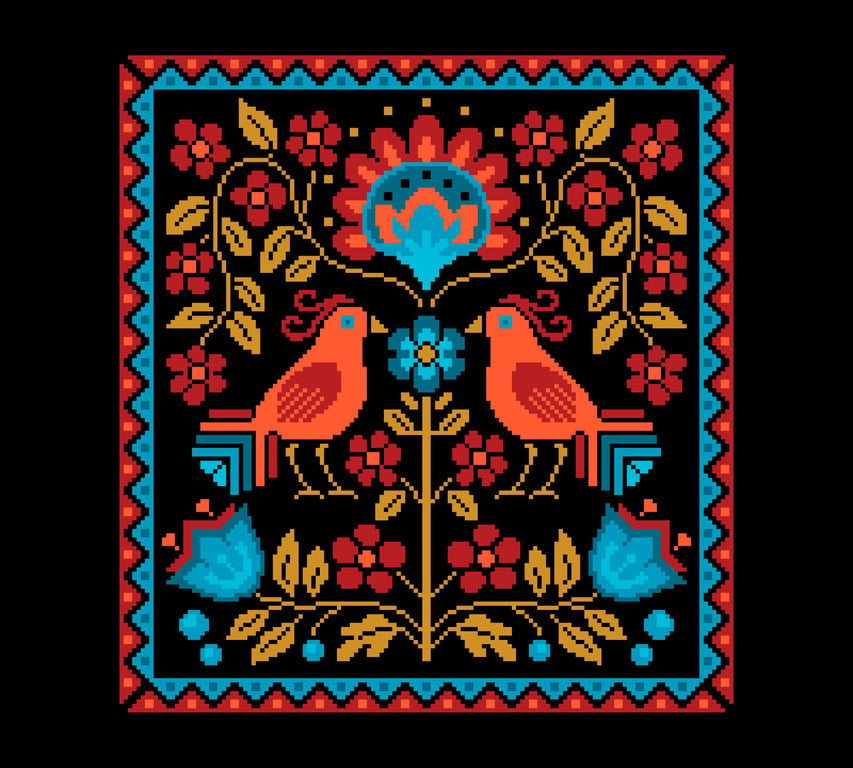 311A - Emberwing Garden, Birds, Flowers cross stitch Pattern DARK (PDF Chart)