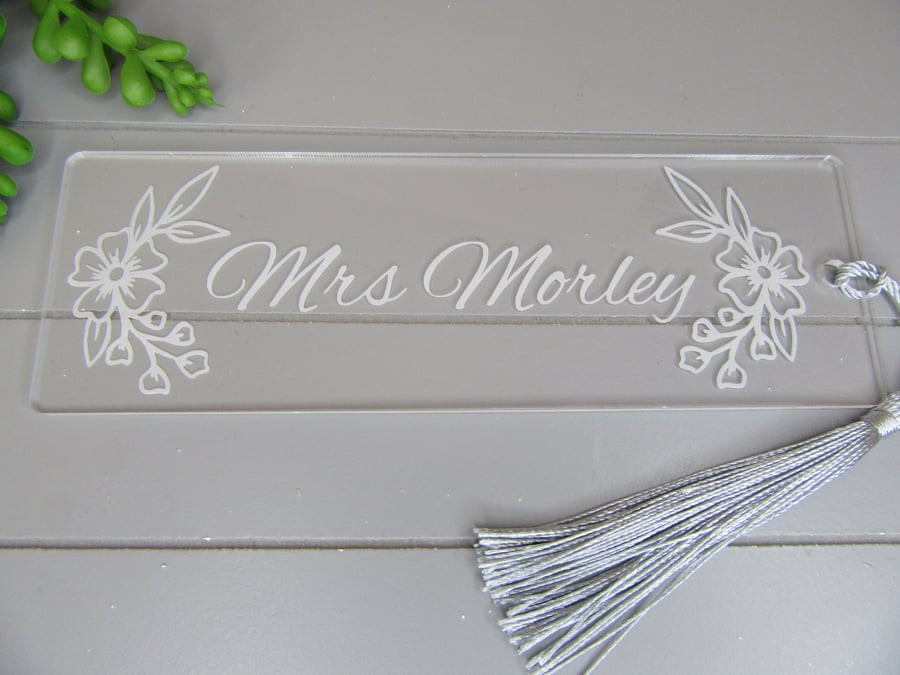 Teacher Gift. Personalised Bookmark. Thank You Gift. Engraved Flowers Bookmark