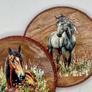 Set of 2 round wood coasters with horses