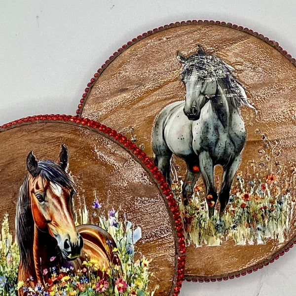 Set of 2 round wood coasters with horses