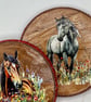 Set of 2 round wood coasters with horses