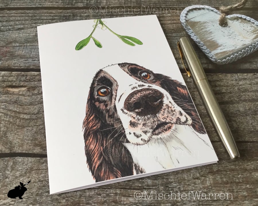 Spaniel Christmas Card. Liver white Springer or working cocker spaniel dog card.