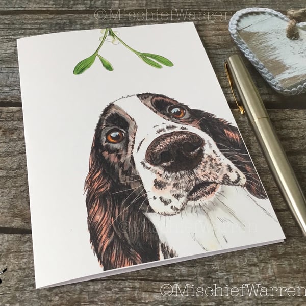 Spaniel Christmas Card. Liver white Springer or working cocker spaniel dog card.