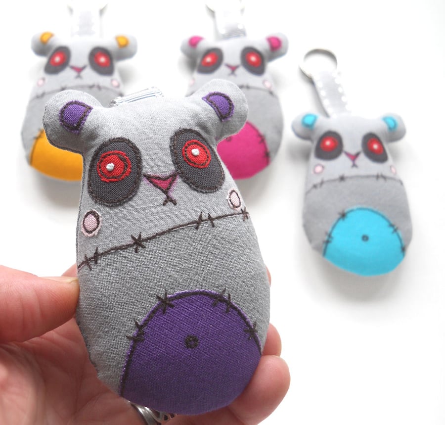 freehand embroidered zombie panda keyring bag charm purple
