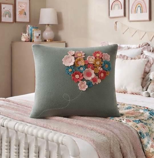 Handmade Felt Flower Heart Cushion - Floral  Throw Pillow - Cottagecore Gift