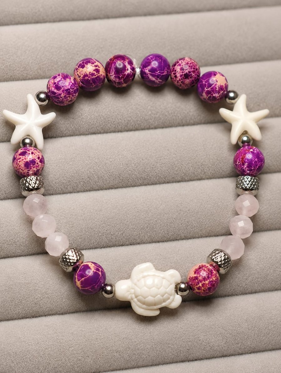 Purple Handmade Sea Sediment Jasper & Rose Quartz Turtle Bracelet Coastal Beach 