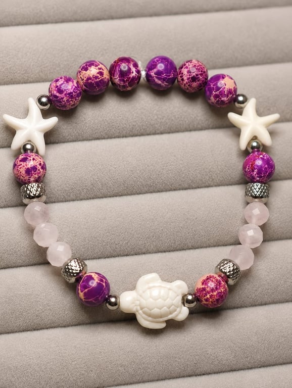 Purple Handmade Sea Sediment Jasper & Rose Quartz Turtle Bracelet Coastal Beach 