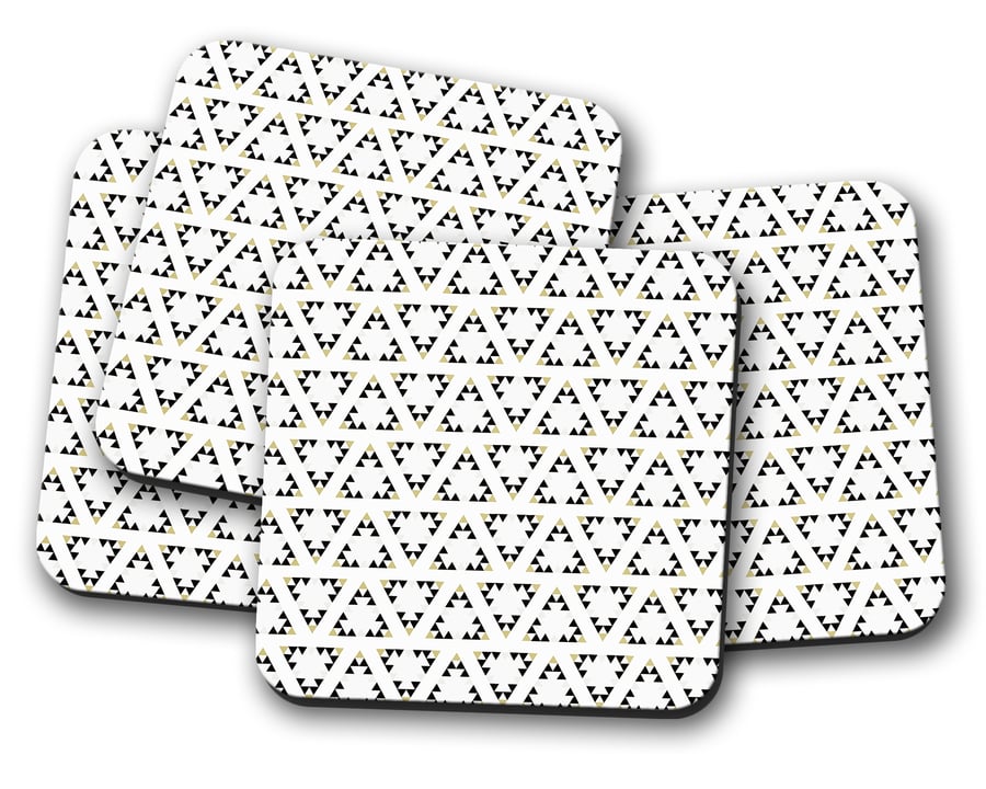 Set of 4 White with Black and Gold Triangle Design Coasters