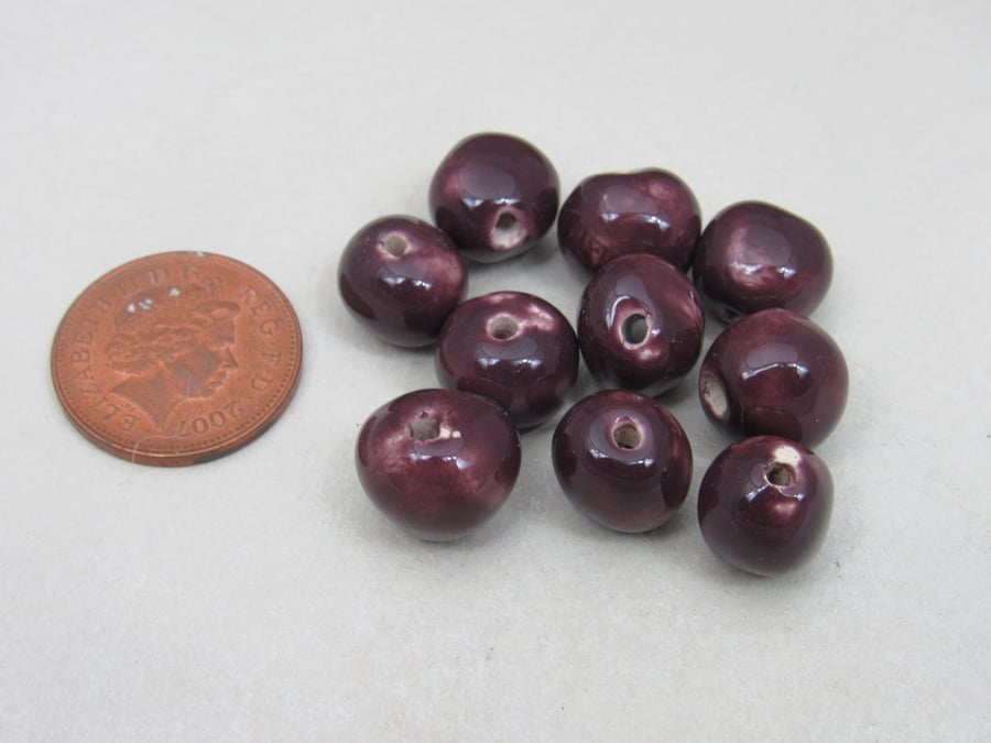 10 Small Aubergine Purple Glazed Clay Beads