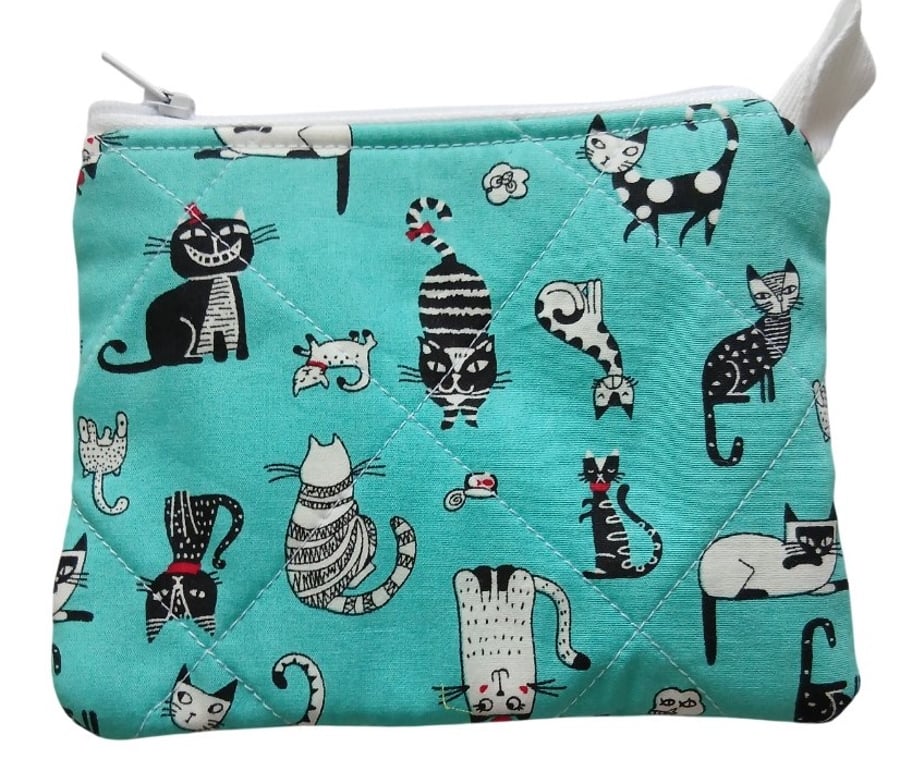Small Handmade Cotton Zip Pouch in Cute Cats Fabric