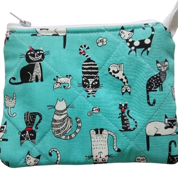 Small Handmade Cotton Zip Pouch in Cute Cats Fabric