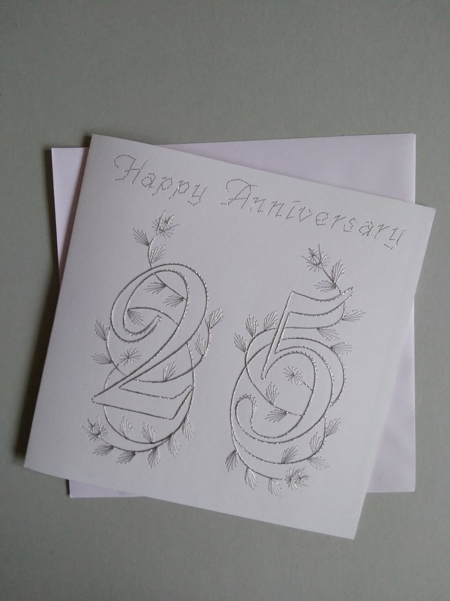 Hand Embroidered 25th Silver Wedding Anniversary Card