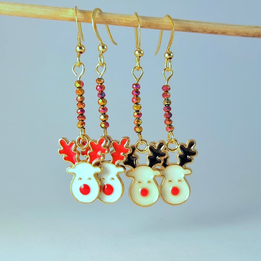  Twin-Pack Reindeer Sparkly Christmas Earrings, Stocking Filler, Secret Santa