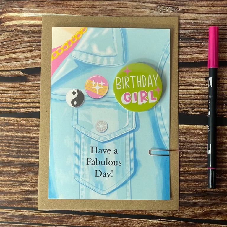 Birthday Girl Badge Card- Illustrated Greeting Card with Removable badge