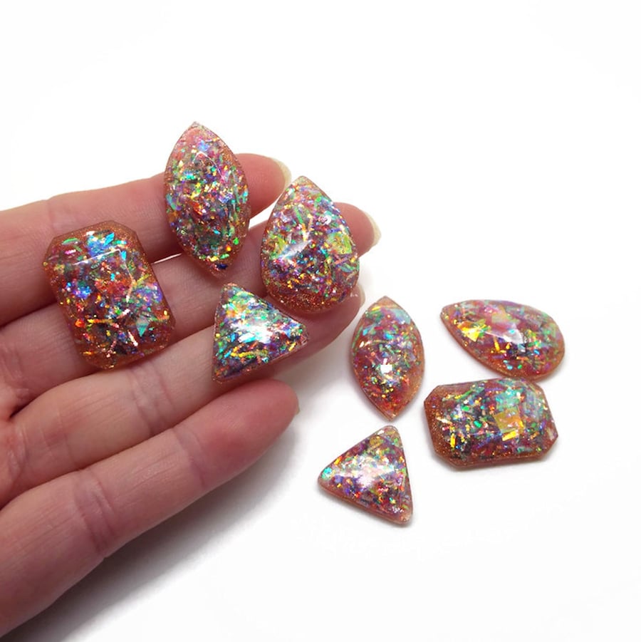 8 Glitter Cabochons, Gold Holographic Flatbacks