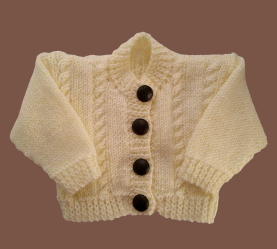 Hand-Knitted Cream Aran Baby Cardigan - 3-6 months