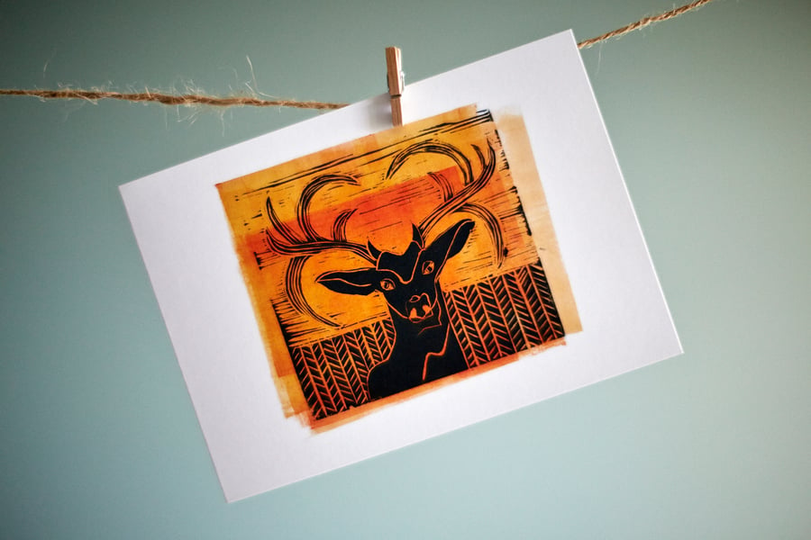 Stag in field from original linocut