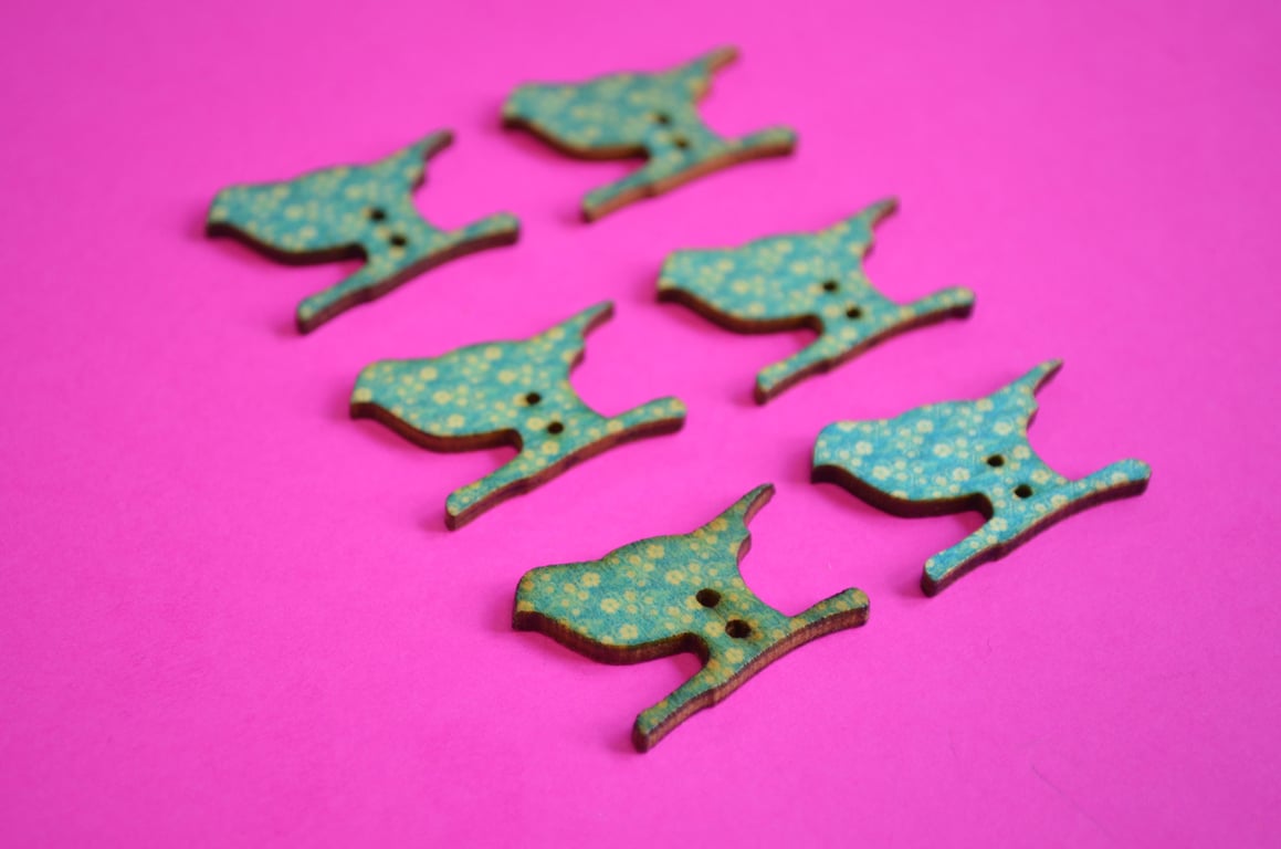 Wooden Bird Buttons Floral Blue Cream 6pk 30x20mm (BD1)