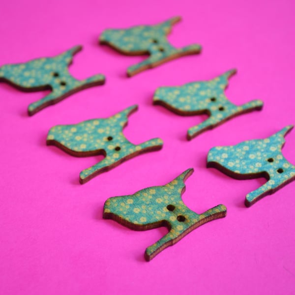 Wooden Bird Buttons Floral Blue Cream 6pk 30x20mm (BD1)