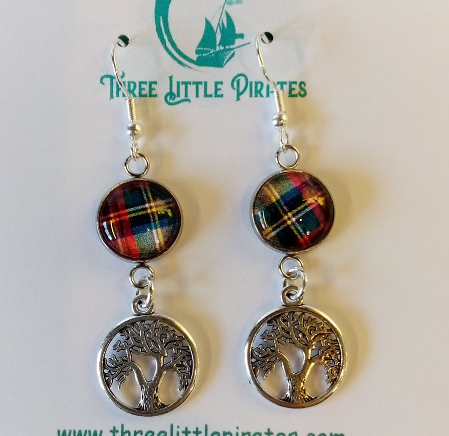 Tartan tree of life dangly earrings, Dress Stewart plaid, handmade in Scotland