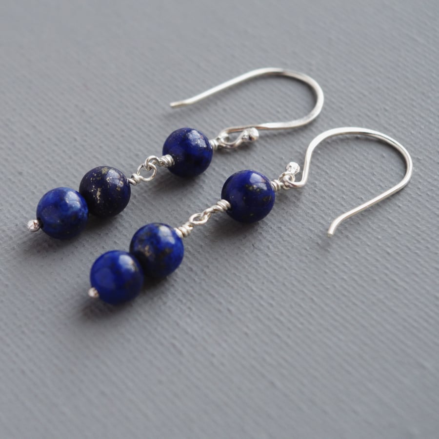 December Birthstone Lapis Lazuli Gem Sterling Silver Minimalist Drop Earrings