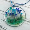 Fused glass suncatcher with blue flowers, housewarming gift, floral