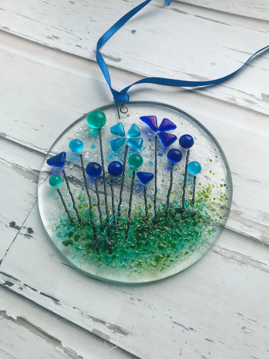 Fused glass suncatcher with blue flowers, housewarming gift, floral