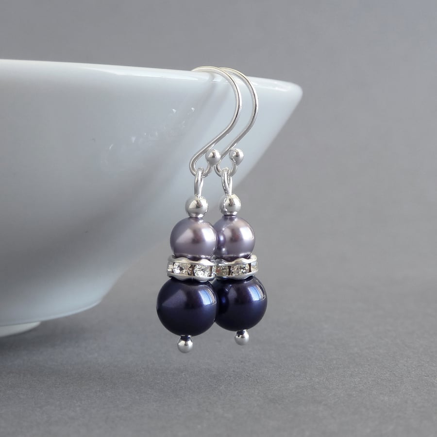 Dark Purple and Lilac Drop Earrings - Dusty Purple Pearl and Crystal Earrings
