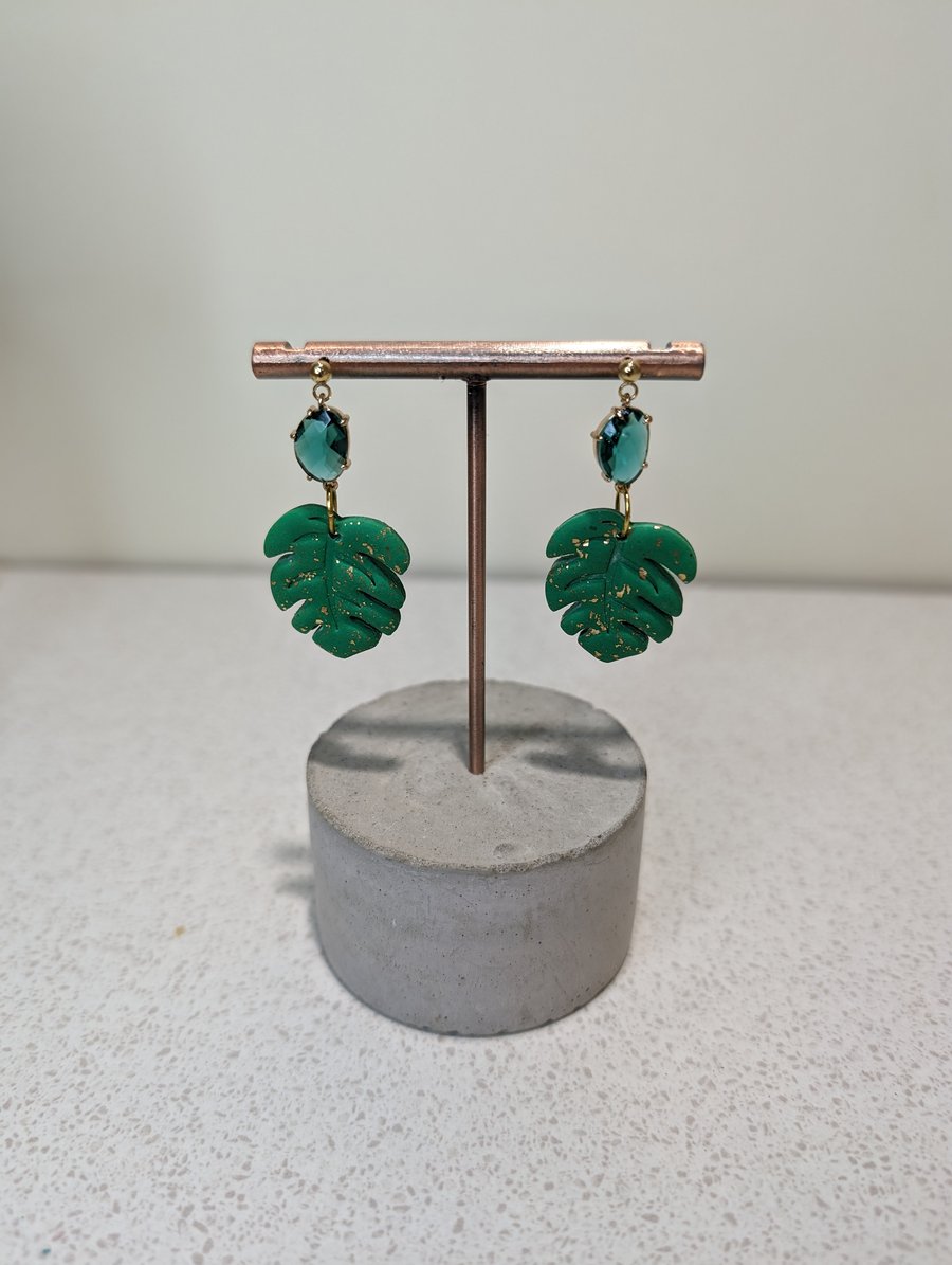 monstera leaf gem dangle earrings 