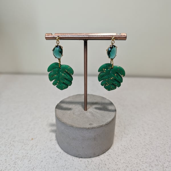 monstera leaf gem dangle earrings 