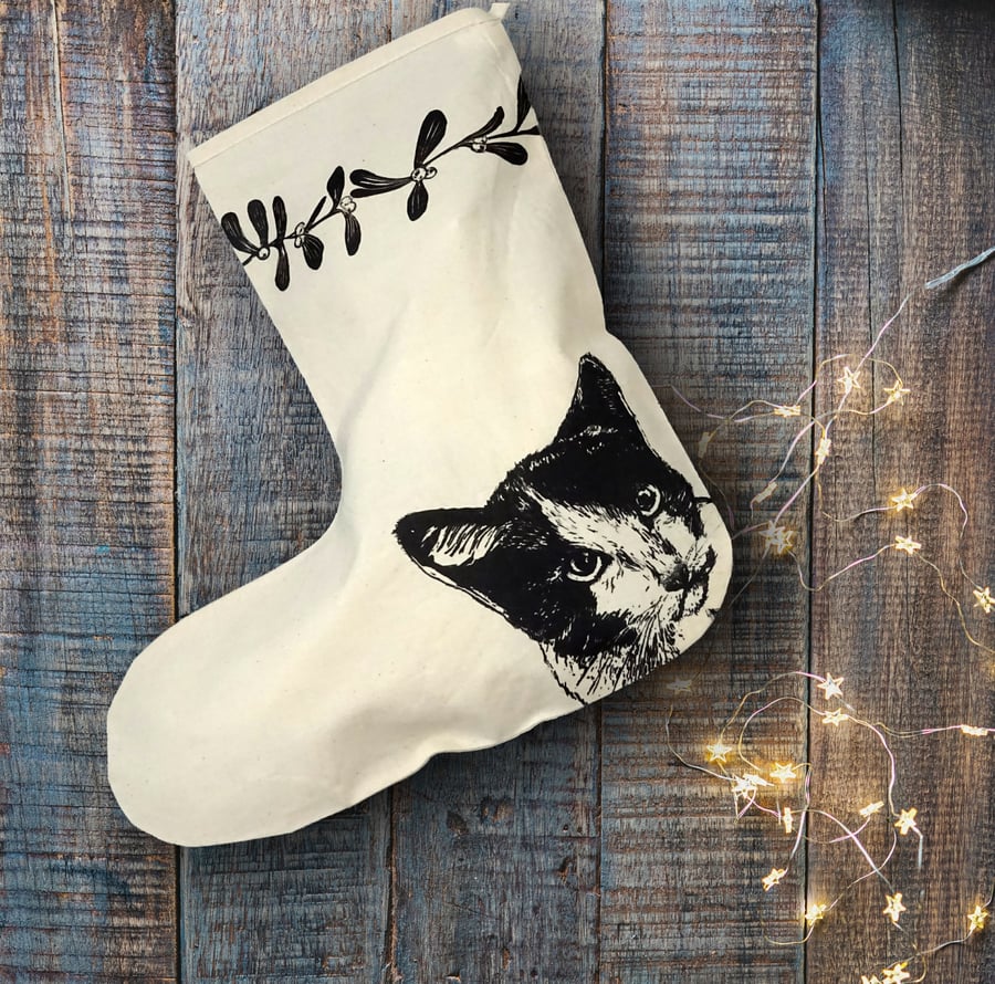 Black and white cat Christmas stocking