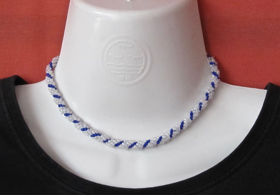 Silver Lined & Cobalt Blue Seed Bead Slim Spiral Weave Rope Choker