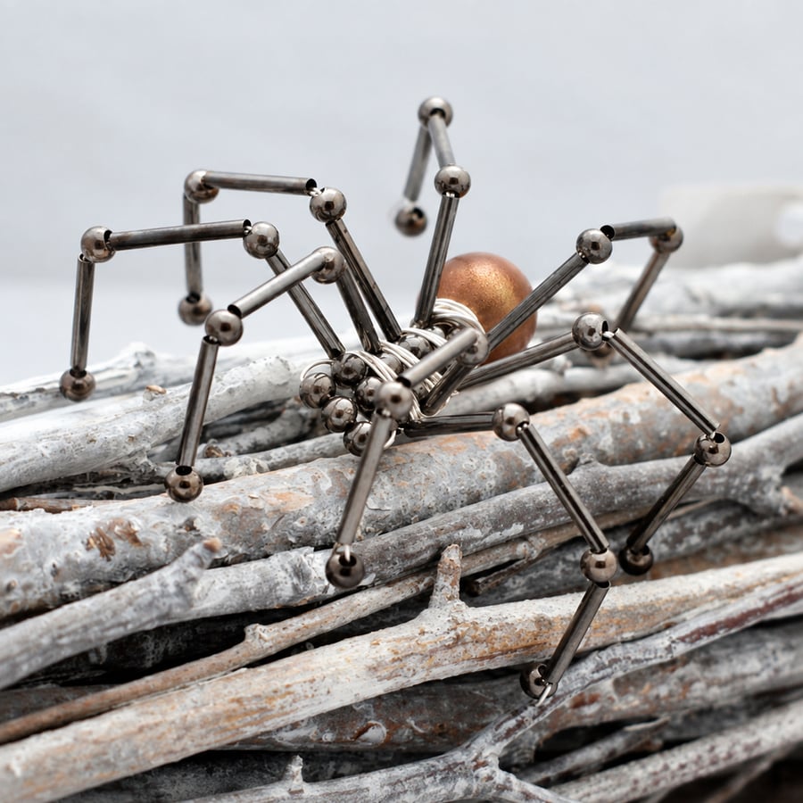 Image of Copper Beaded Spider Ornament - Wire Spider Decoration with Pin 