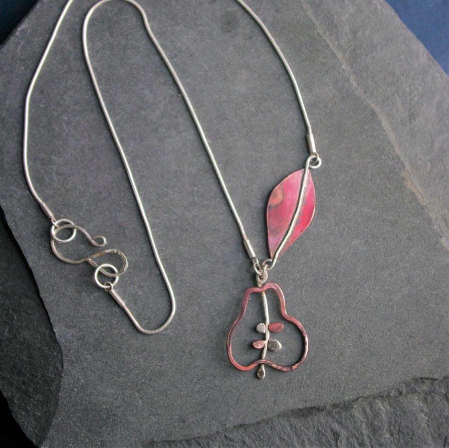  Copper and Silver Pear and Leaf Necklace